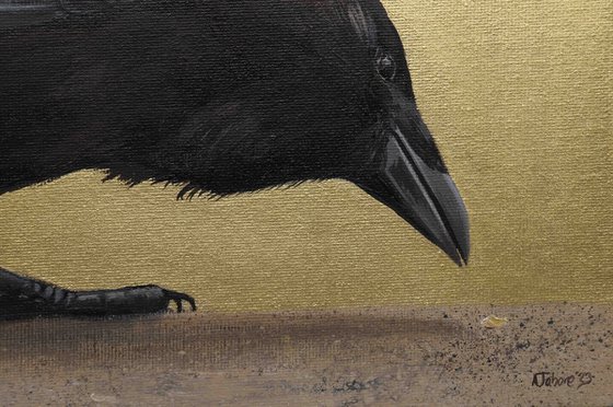 Raven I, Portrait of a Black Bird, Oil Painting, Bird Artwork, Gold Animal Art Original, Not Print