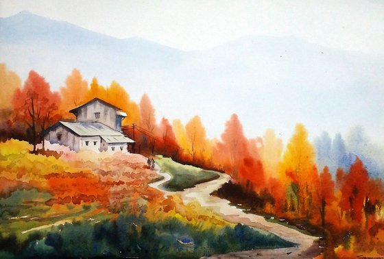 Beauty of Autumn Landscape - Watercolor on Paper