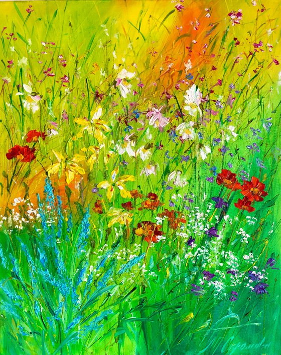 MOTLEY GRASS - Bright flowers. Summer. Abstract landscape. Blooming meadow. Field flowers. Herbs. Spring magic.