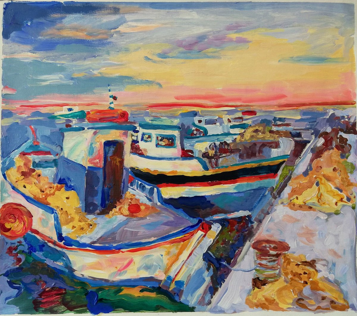 Impressionistic Landscape Acrylic Painting By Jelena Djokic, 17 X 15, Greek Boats At Sunset, Original Artwork