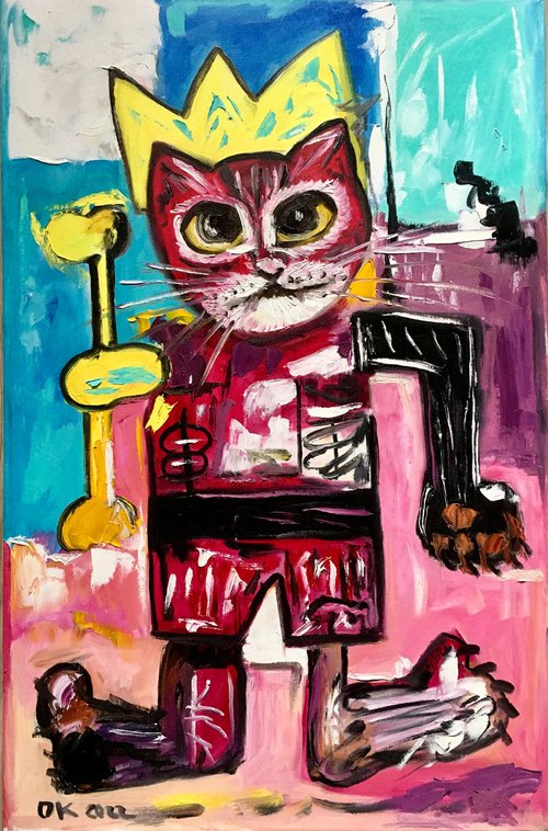 King Cat Troy  in a CROWN ( 71x 45cm, , 28x18inches,) version of famous painting by Jean-Michel Basquiat by Olga Koval