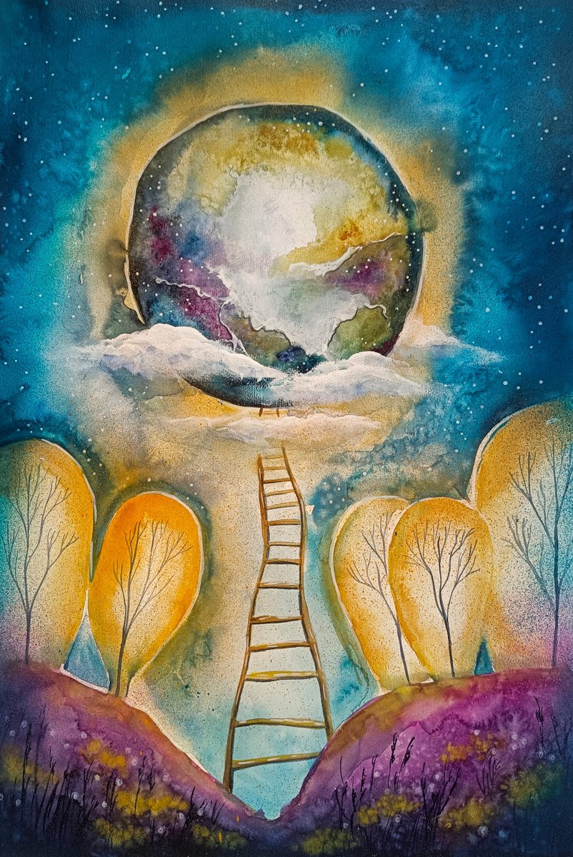 Surrealistic Landscape Painting By Evgenia Smirnova, 15 X 22, Stairway To The Moon, Original Artwork