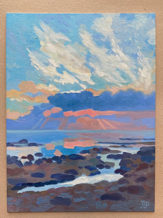 The sun's rays Blue small Gift Beach Art Sea sku clouds Sunset seascape oil painting