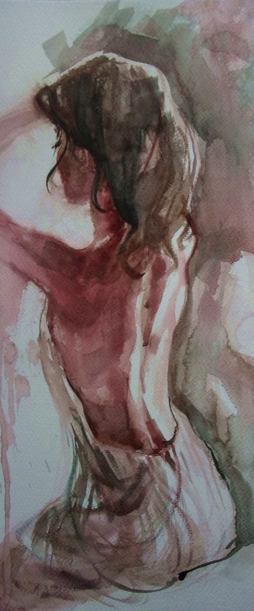 " SHE IN THE LIGHT ... " gold particles  40x30cm original WATERCOLOURS painting  GIFT MODERN URBAN ART OFFICE ART DECOR HOME DECOR GIFT IDEA by Monika Luniak
