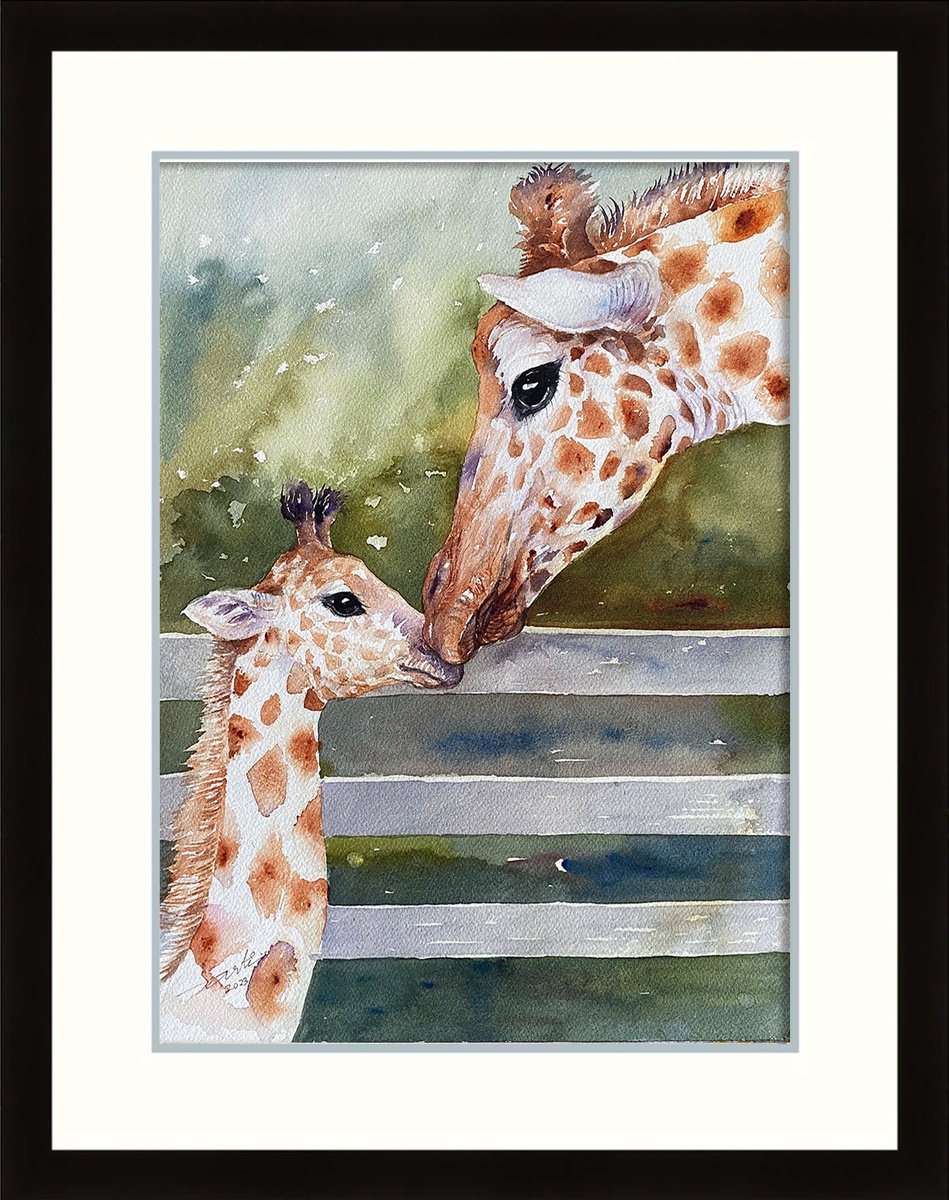 Photorealistic Animal Watercolour By Arti Chauhan, 13 X 17, Mother And Baby Giraffe, Original Artwork