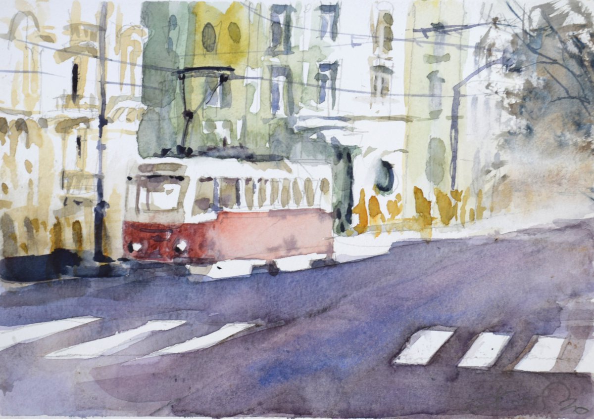 Tramway in Prague by Goran Zigolic Watercolors