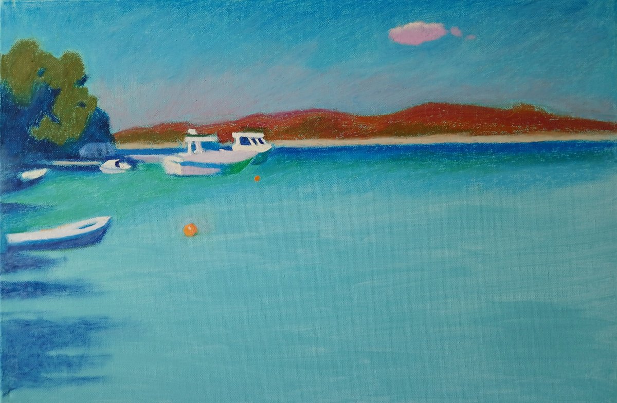 Impressionistic Landscape Acrylic Painting By Vasyl Koval, 24 X 16", Quiet Cove, Original Artwork