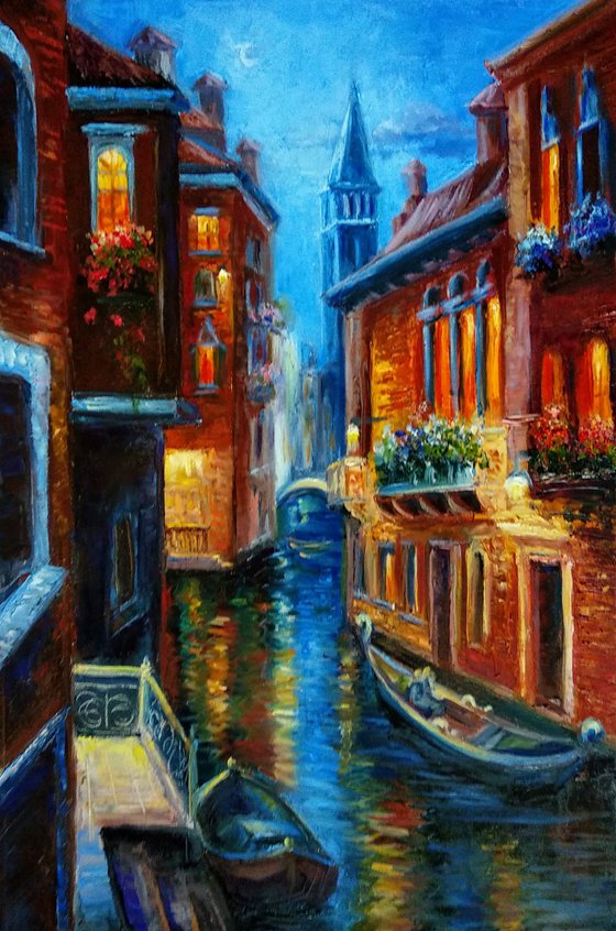 Cityscape Night View City Lights Water Reflections Venice