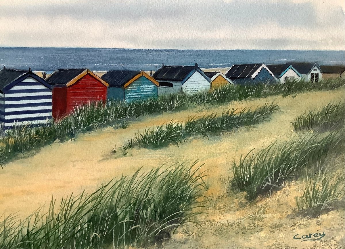 Impressionistic Landscape Watercolour By Darren Carey, 15 X 11, Beach Huts, Original Artwork