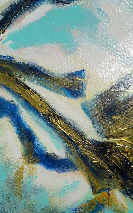 Blue and Gold Contemporary Abstract Landscape Painting. Modern Textured Art