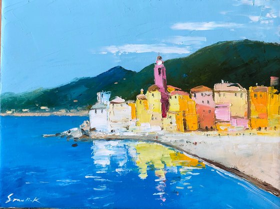 Italian village painting, Ligurian Rivera , impasto oil paintings