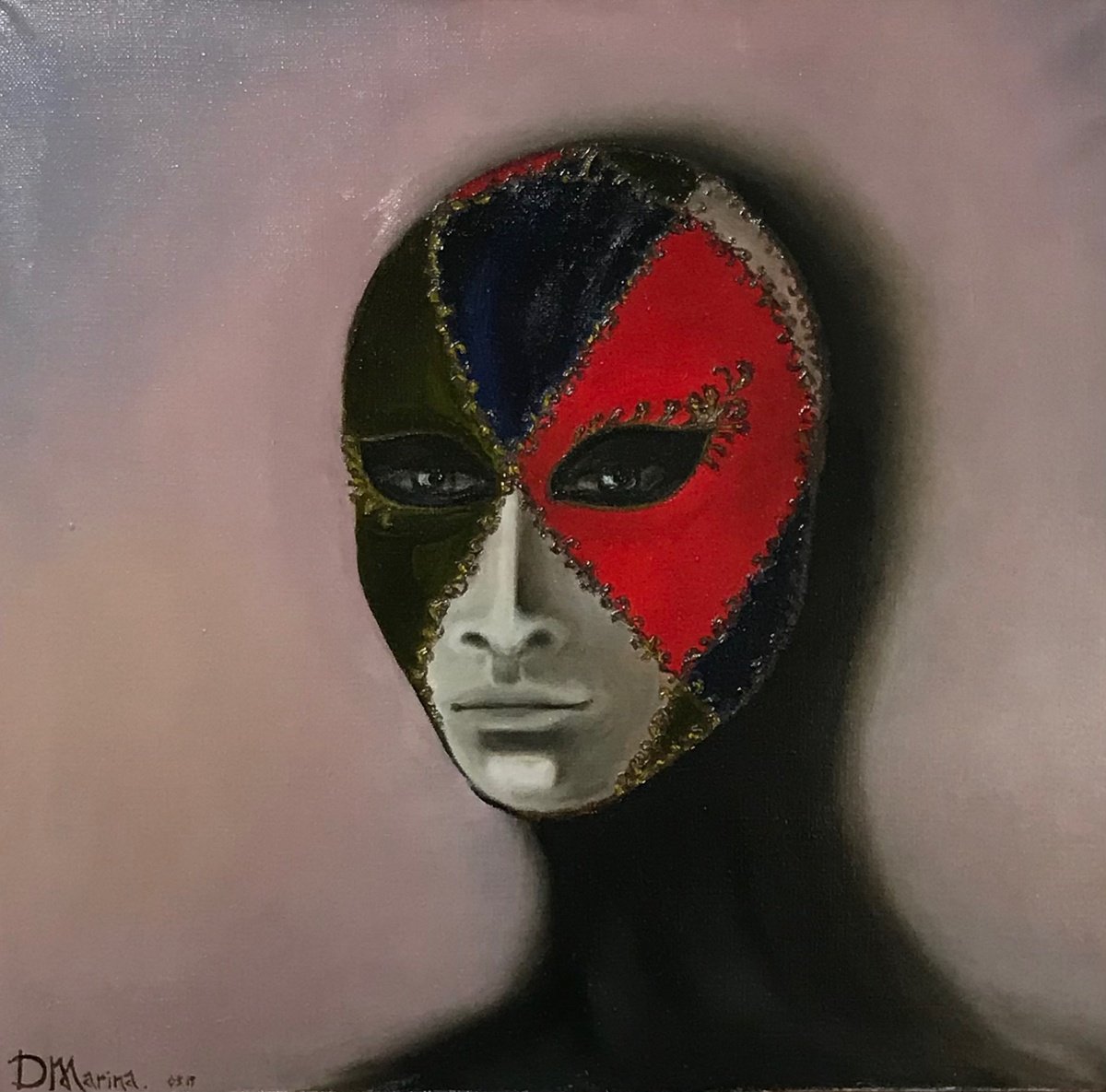 Expressive Portrait Oil Painting By Marina Deryagina, 16 X 16", Mask On You, Original Artwork
