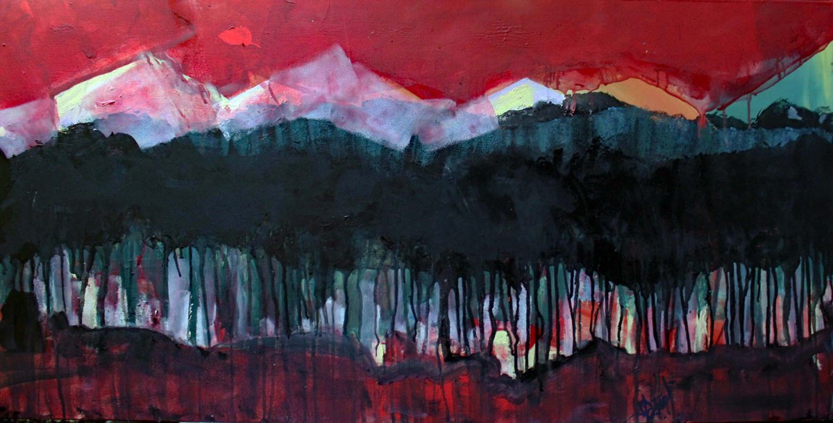 Landscape Acrylic Painting By Jacques Donneaud, 47 X 24, Les Montagnes Embrasees, Original Artwork