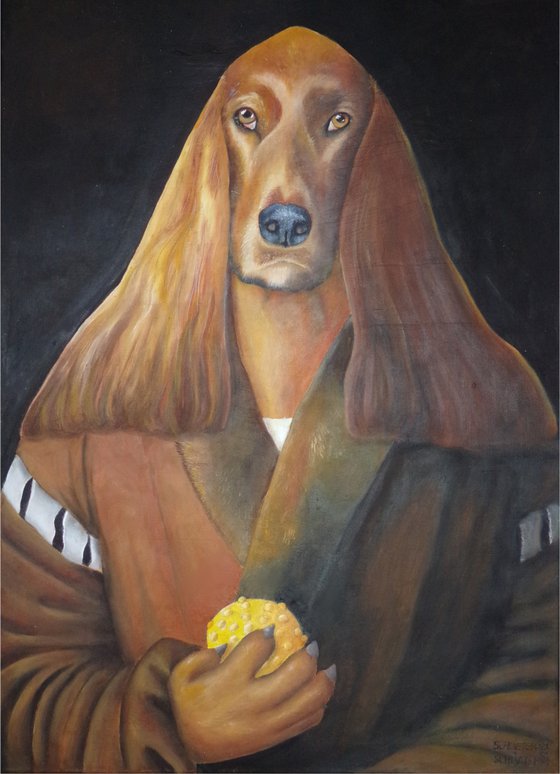 Setter with a chewing ball (based on a self portrait by Albrecht Duerer)