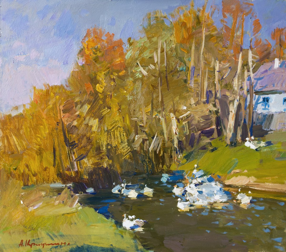 Impressionistic Landscape Oil Painting By Aleksandr Kryushyn, 18 X 16, Goose Pond, Original Artwork