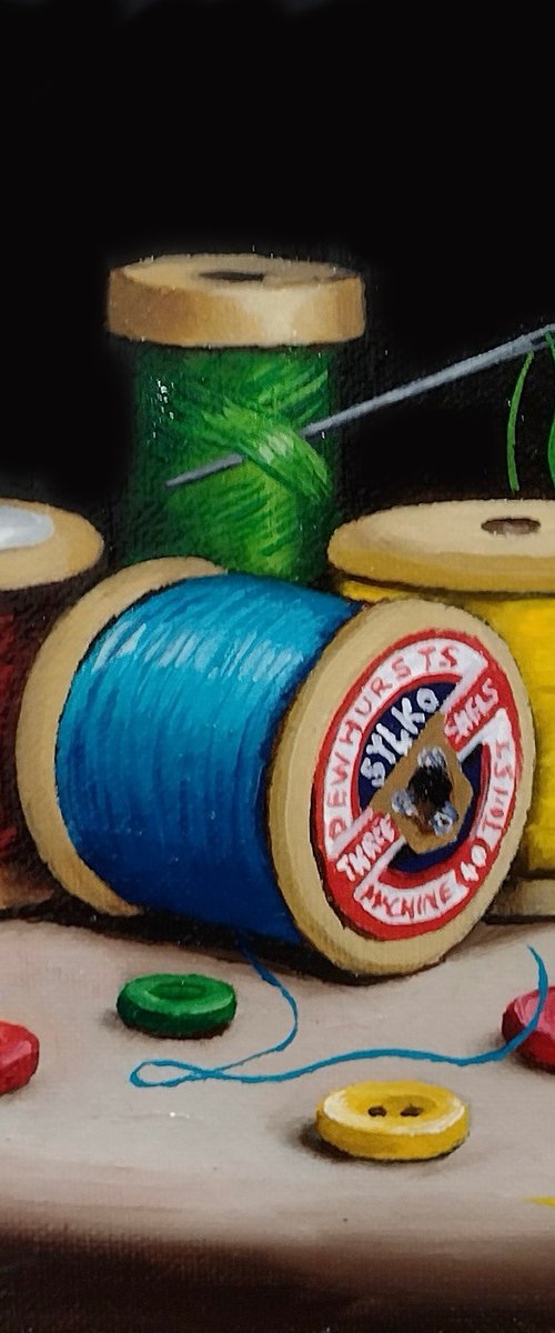 Vintage Cotton reels with buttons still life by Jane Palmer Art