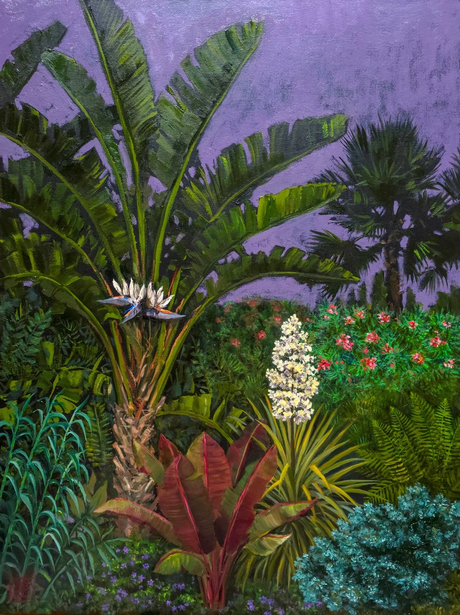Impressionistic Botanical Oil Painting By Katia Bellini, 24 X 31", Botanical Gardens At Night, Original Artwork