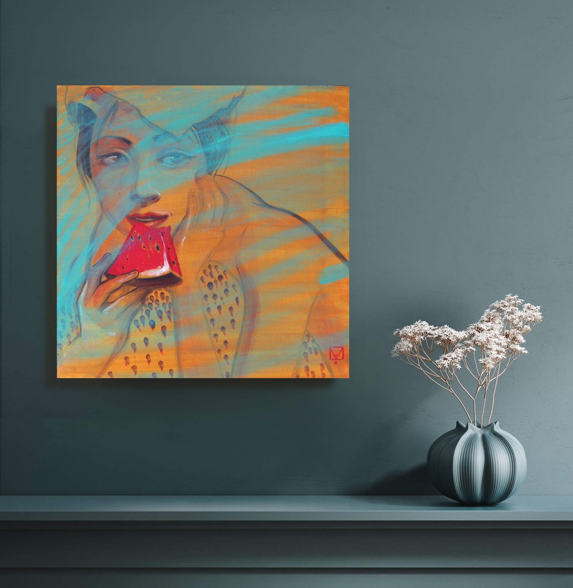 Impressionistic Portrait Oil Painting By Marya, 20 X 20", "Watermelon", Original Artwork