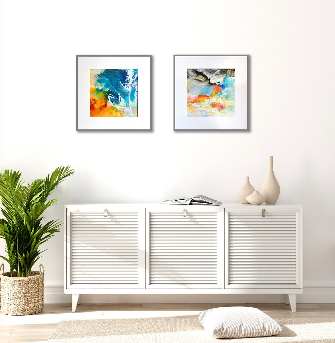 Expressive Abstract Acrylic Painting By Kirsten Handelmann, 24 X 12", Formed By The Wind, Diptych, Original Artwork