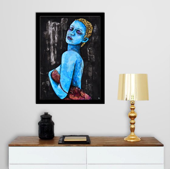 Blue Girl - Vibrations Mixed Media Original Romantic Modern Portrait Art Painting