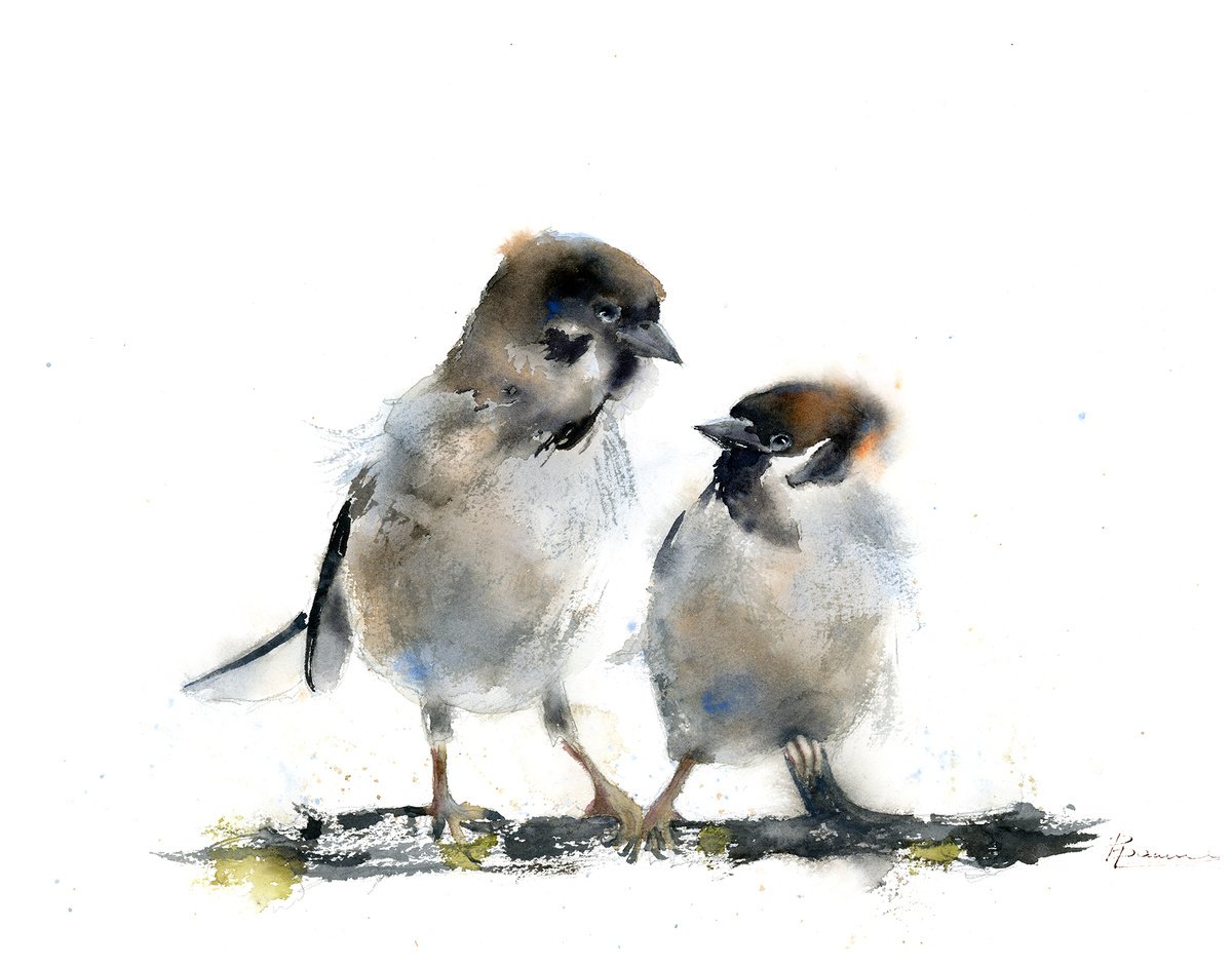Impressionistic Animal Watercolour By Olga Tchefranov (Shefranov), 15 X 11", Pair Of Sparrows, Original Artwork
