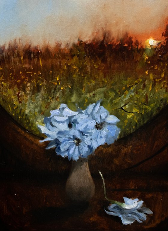Gentle Blue flowers In Sunset