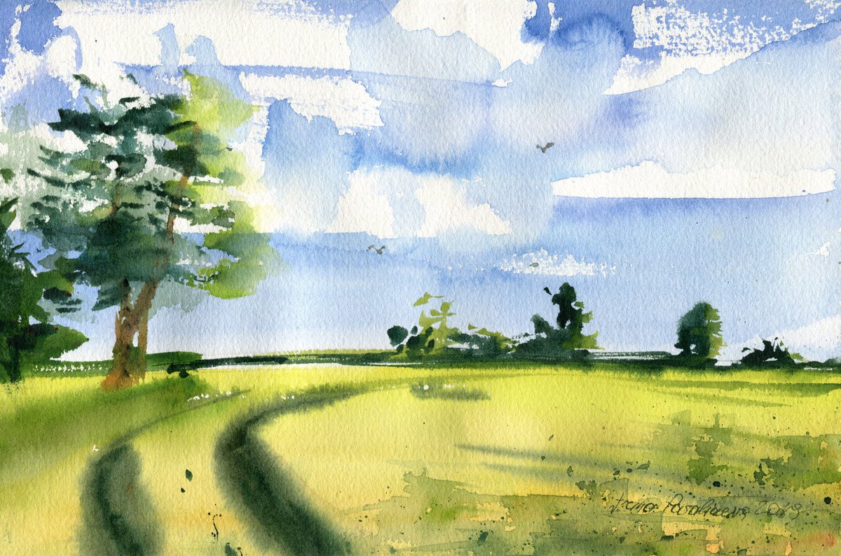 The Road, small, watercolor, 28x18,5, bright, green, yellow, blue sky by Irina Povaliaeva