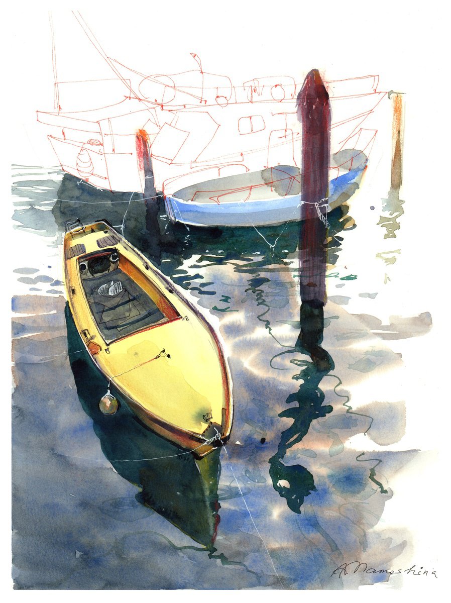 Impressionistic Landscape Watercolour By Anastasia Mamoshina, 12 X 16, Golden Reflection In Chioggia, Original Artwork