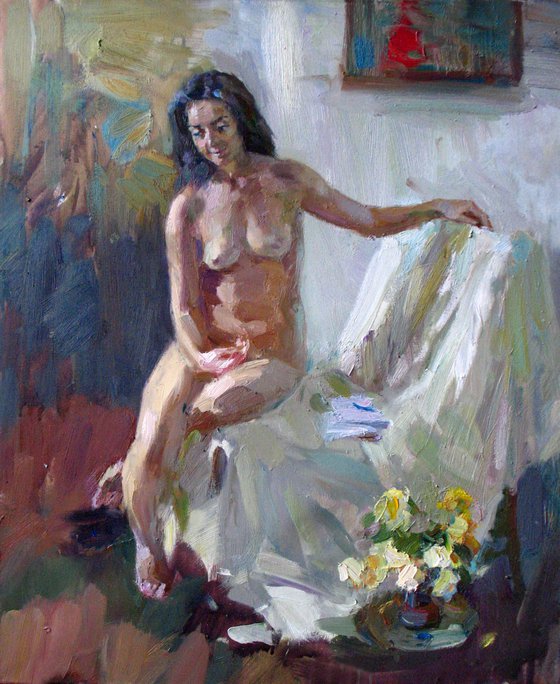 Nude girl and bouquet