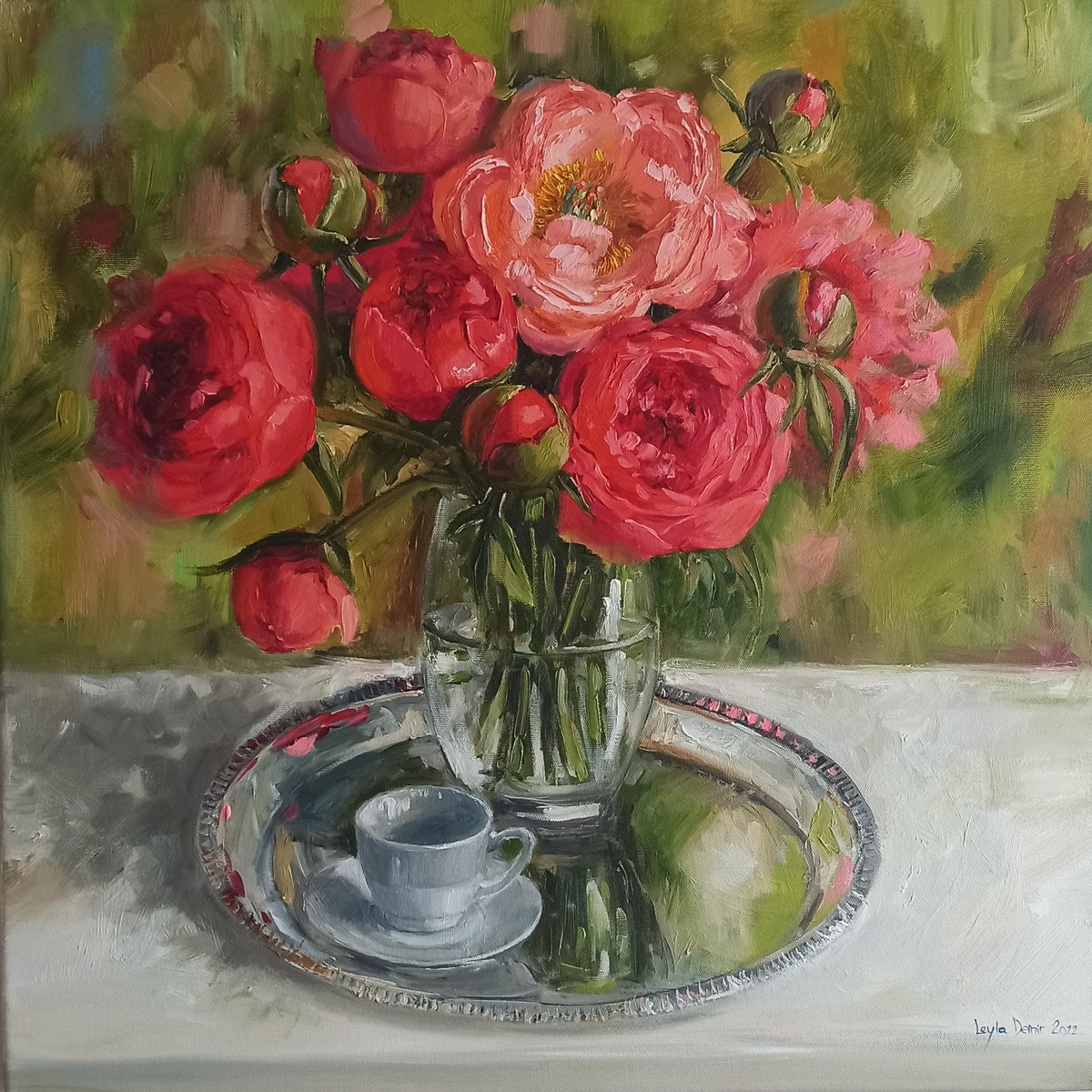 Impressionistic Still Life Oil Painting By Leyla Demir, 24 X 24", Coral Pink Peonies Bouquet, Original Artwork