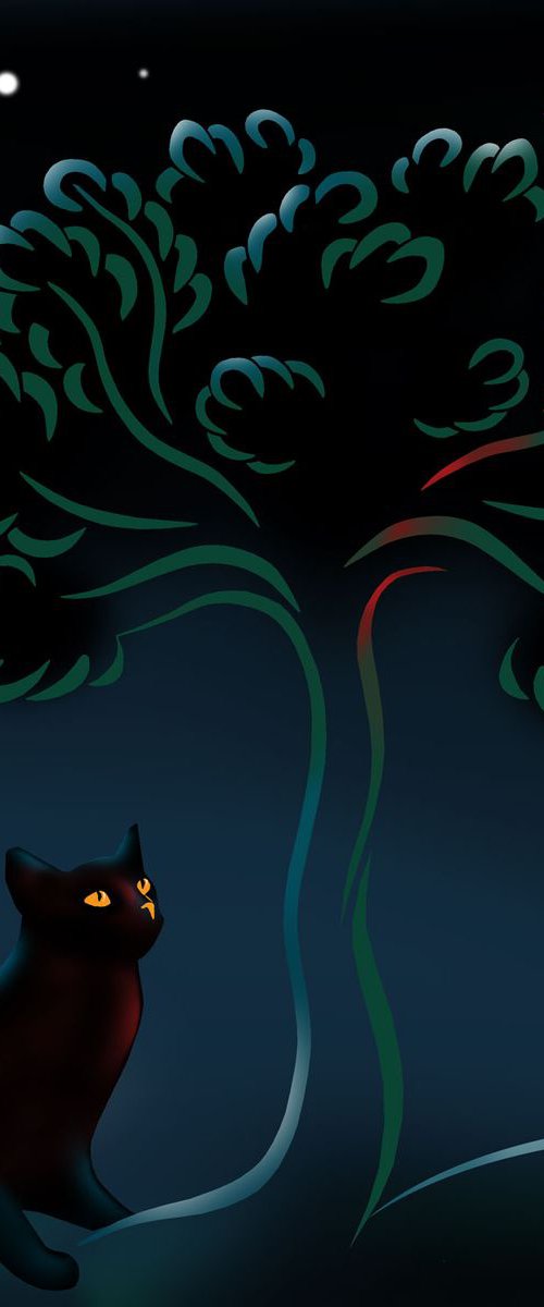Cat, Tree and Bird by Moonlight; variable edition (red) by Phyllis Mahon