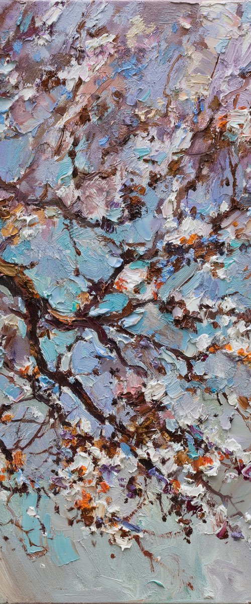 Flowering apricot tree Original oil painting by Anastasiia Valiulina