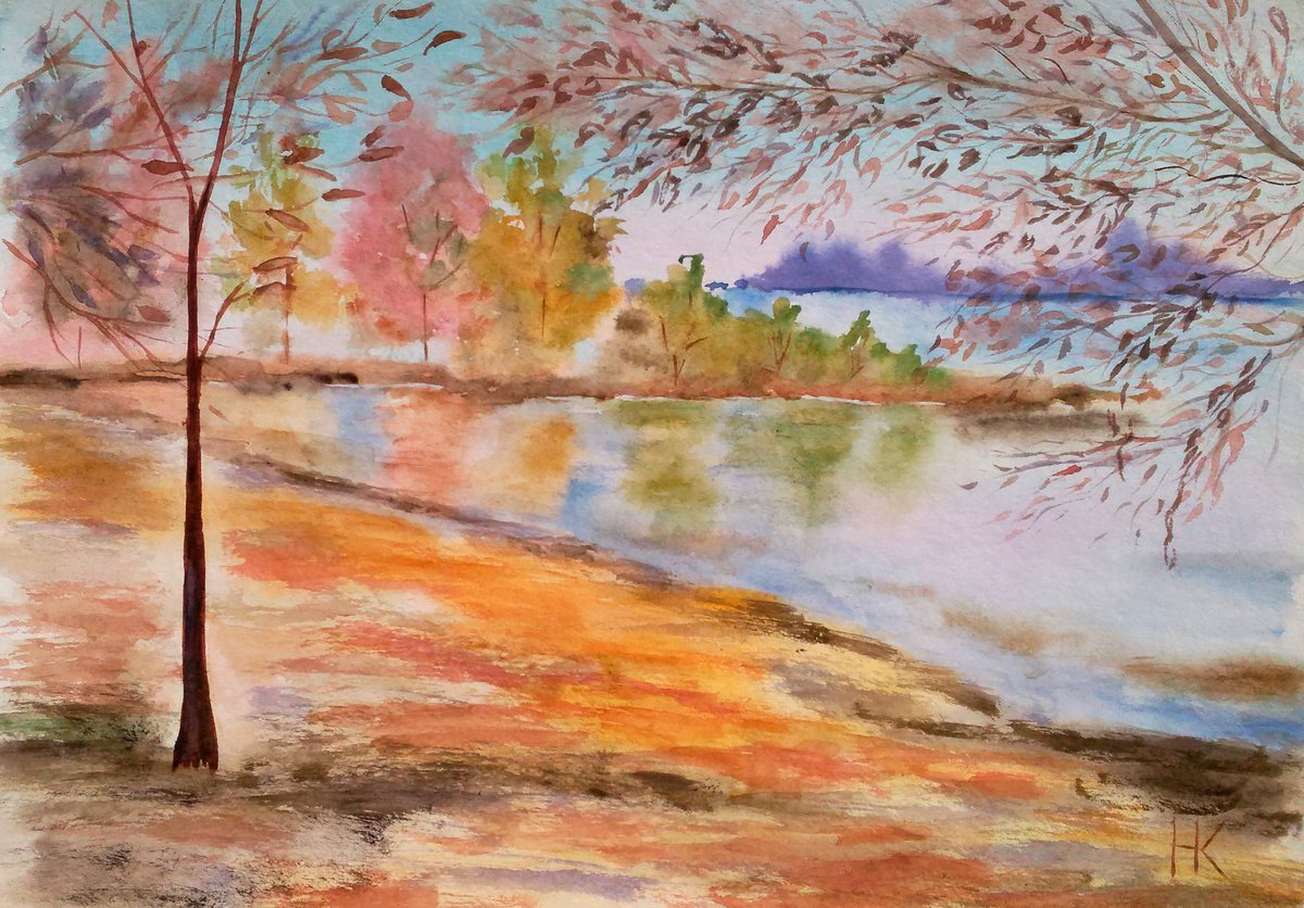 autumn riverside original watercolor painting autumn landscape impressionistic watercolor by Halyna Kirichenko