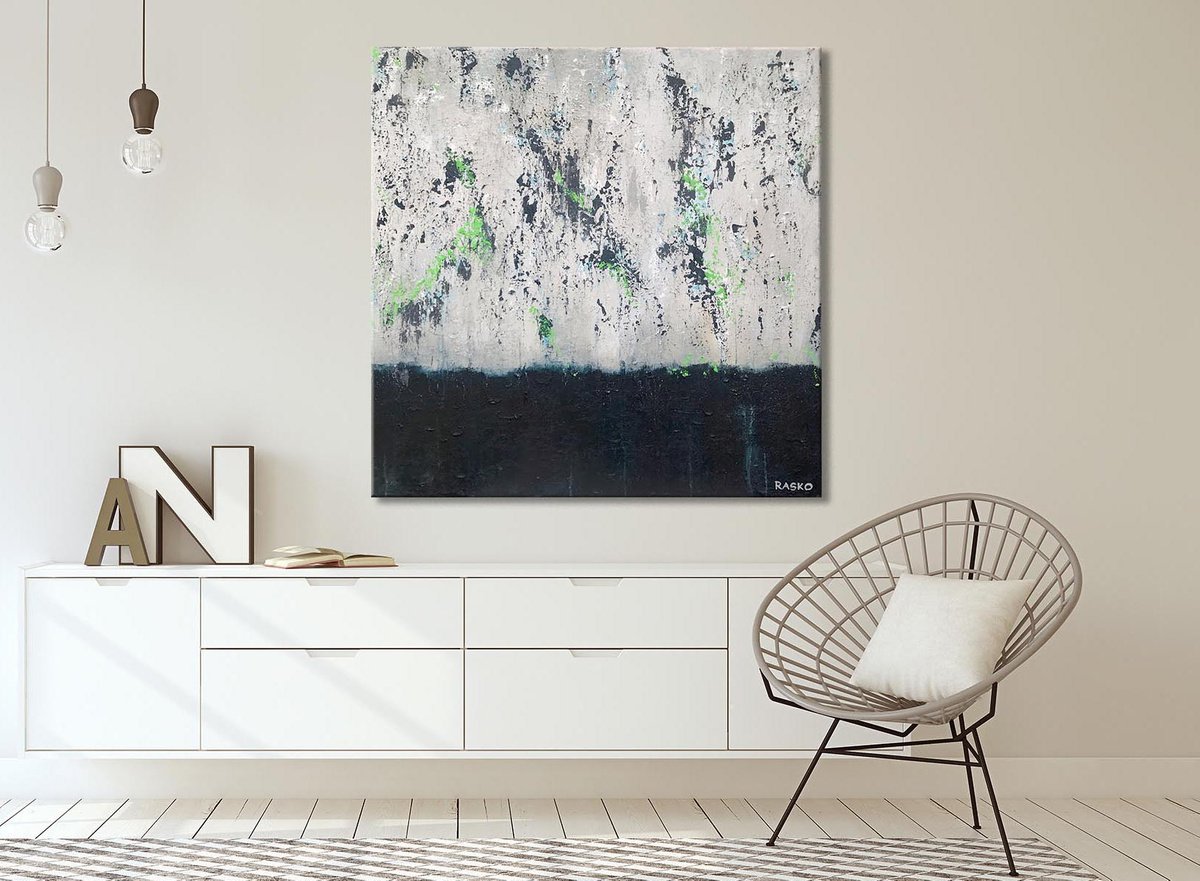 ENVY - Highly textured Blue & Grey abstract painting - 2020 - READY TO HANG! by Rasko