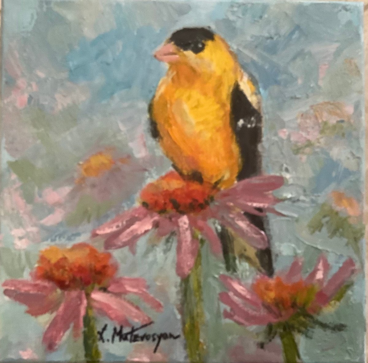 Impressionistic Animal Oil Painting By Lia Matevosyan Haselton, 8 X 8", Yellow Bird, Original Artwork