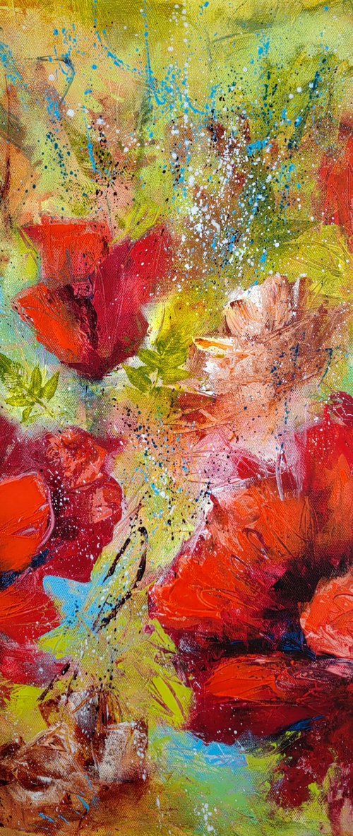 "Crimson Dreams: Poppies" from the "Colours of Summer" collection, abstract flower painting by Vera Hoi