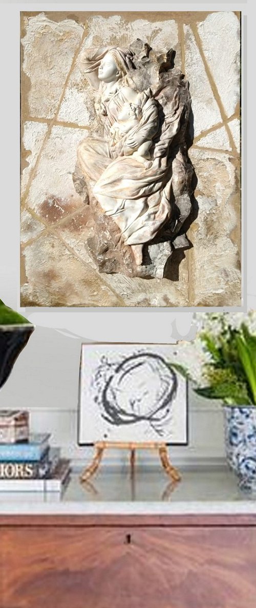 Hign relief MADONNA WITH CHILD Sculpture, 17.3 W x 25.5 H x 3.9 D in   H65x44x8cm by Elena Karamushka Artist