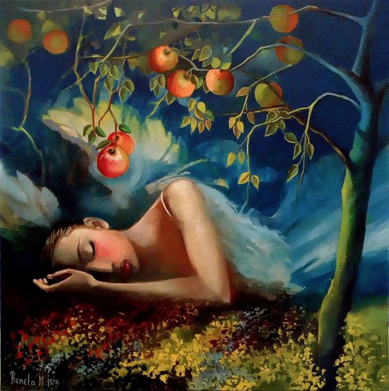 " Golden Silence " - 80 x 80cm Original Oil Painting - Angel -