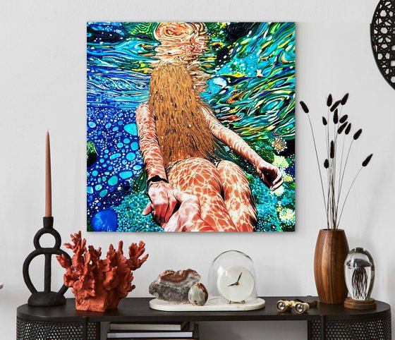 Follow me... Woman underwater sea, ocean with blue green color waves with bright sun glares. Impressionistic artwork. Original painting wall art home decor. Art Gift