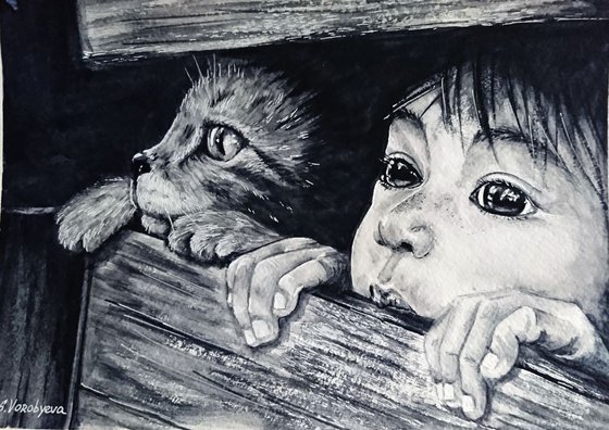 Curiosity. Monochrome watercolor painting.