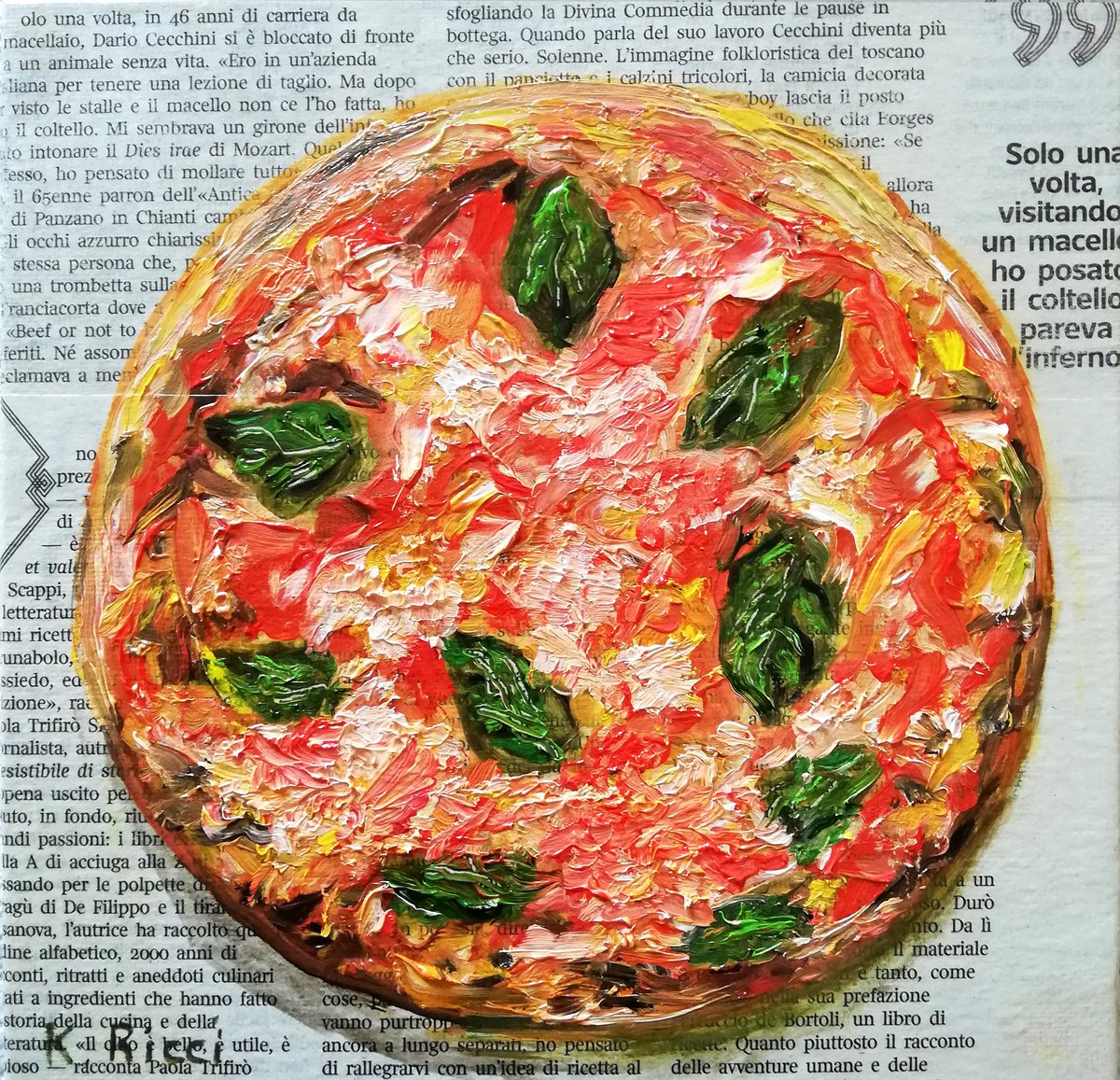 Pizza on Newspaper Original Oil on Canvas Board Painting 8 by 8 inches (20x20 cm) by Katia Ricci