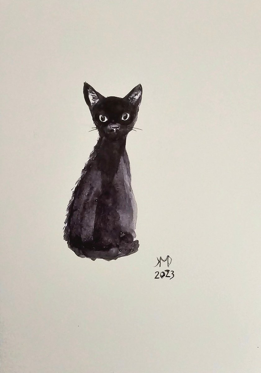 Illustrative Animal Ink Drawing By Ksenia June, 6 X 8", Black Black Cat, Original Artwork