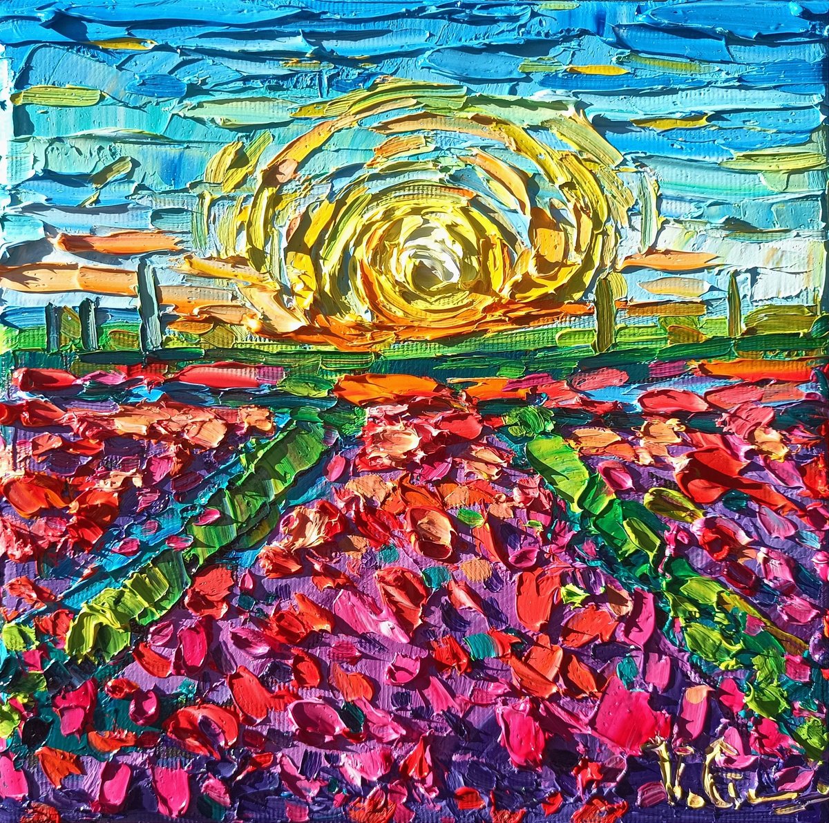 Expressive Landscape Oil Painting By Vanya Georgieva, 8 X 8", Art Gift Box - Tulips Field, Original Artwork