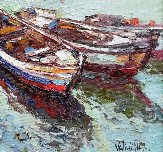 Boats at berth Seascape original oil painting on canvas