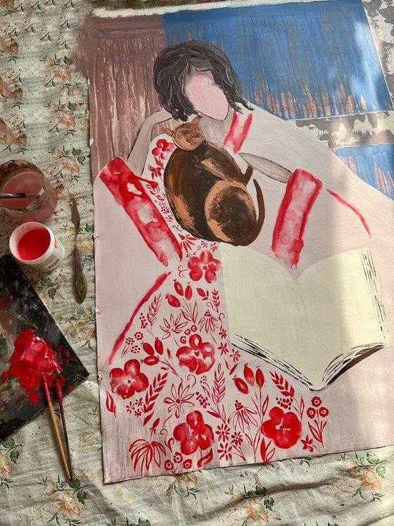 Woman Cat Reading Original Painting