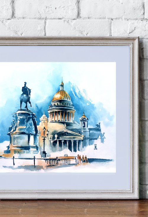 Architectural landscape "Ensemble of St. Isaac's Cathedral in St. Petersburg" original watercolor painting by Ksenia Selianko