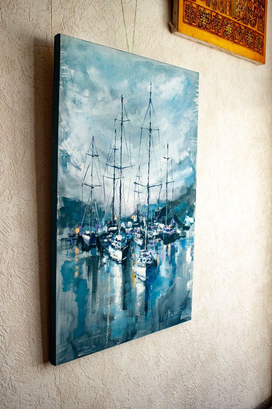 "Sailboats in the harbor" yachts at sea, landscape