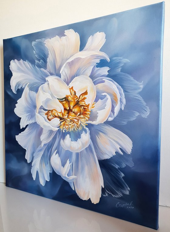 WONDERFUL DREAM -  oil painting, 50/50,  realism, white flower on blue