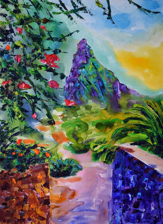 Island landscape big mixed media painting on canvas Mountains village Masca on Canary Islands