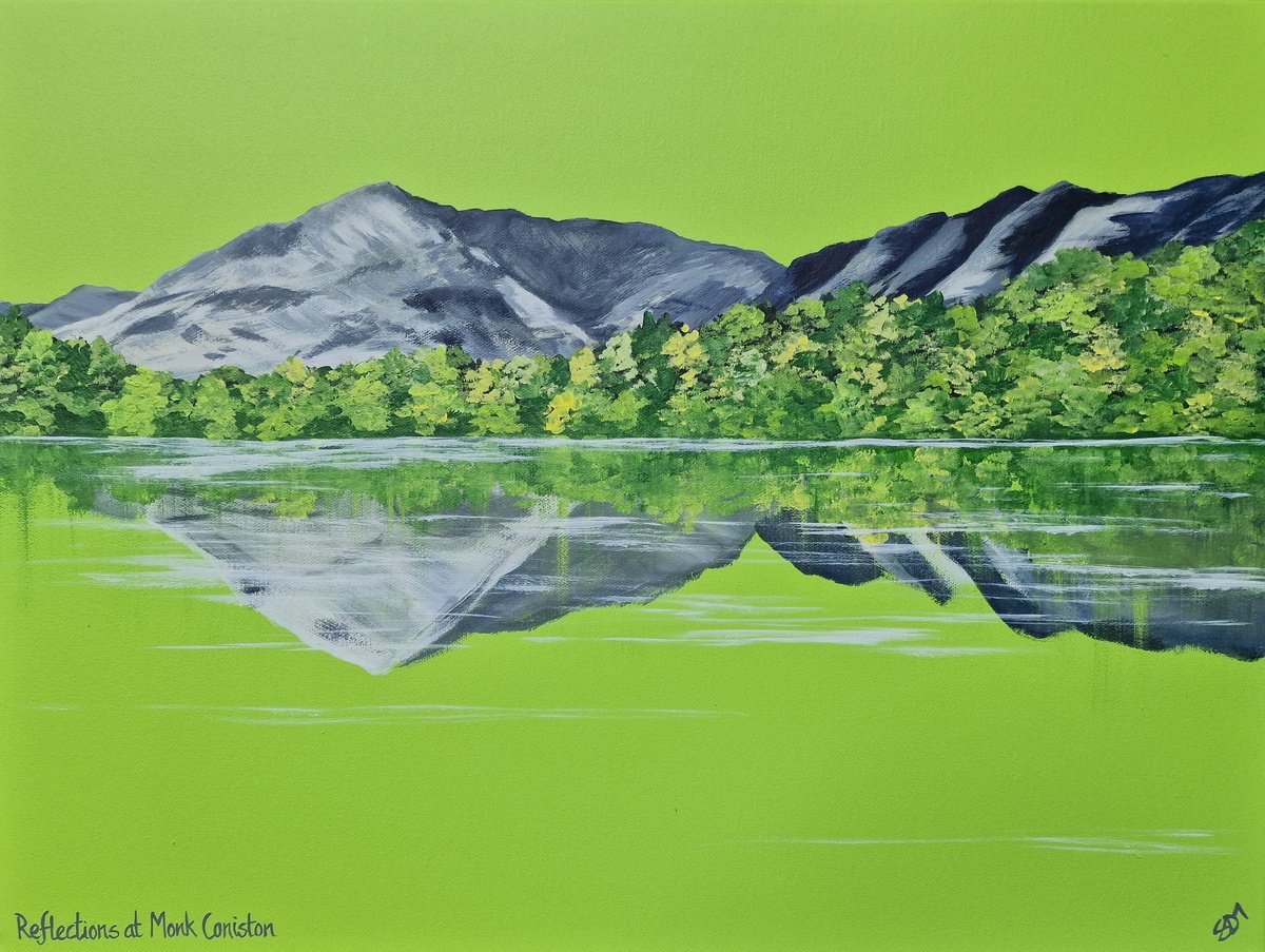 Organic Landscape Acrylic Painting By Sam Martin, 24 X 18", Reflections At Monk Coniston, Original Artwork